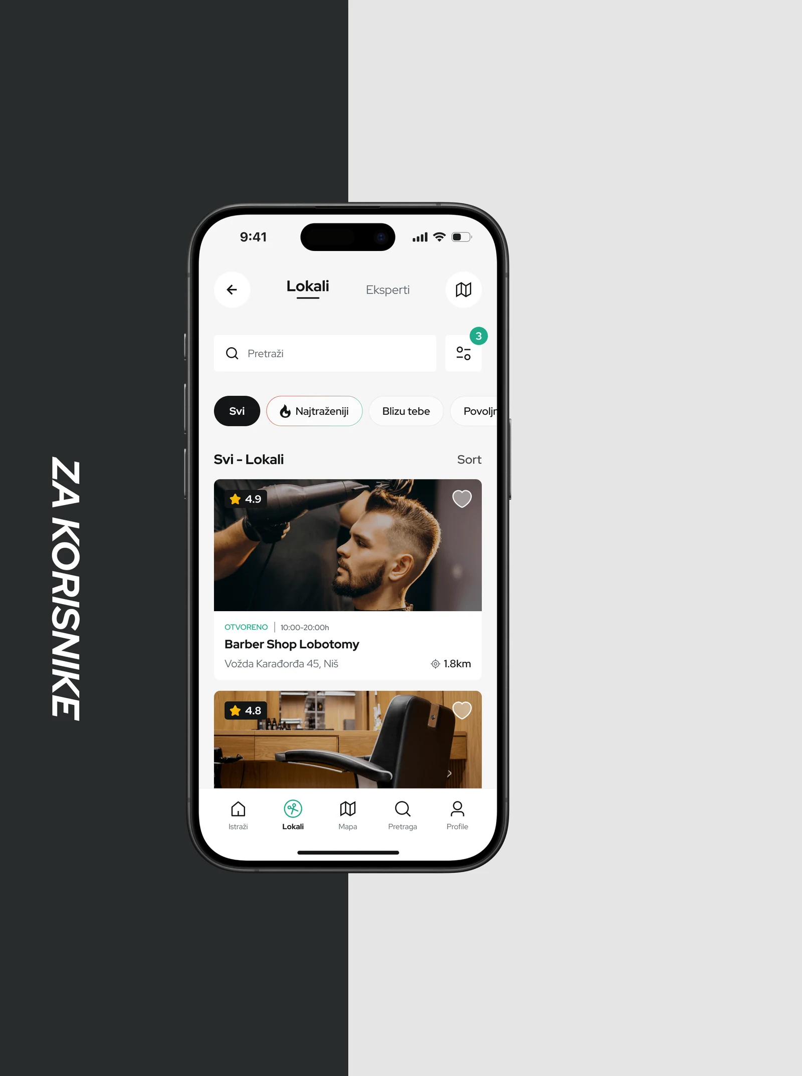App screen: the salon list with ratings and distances