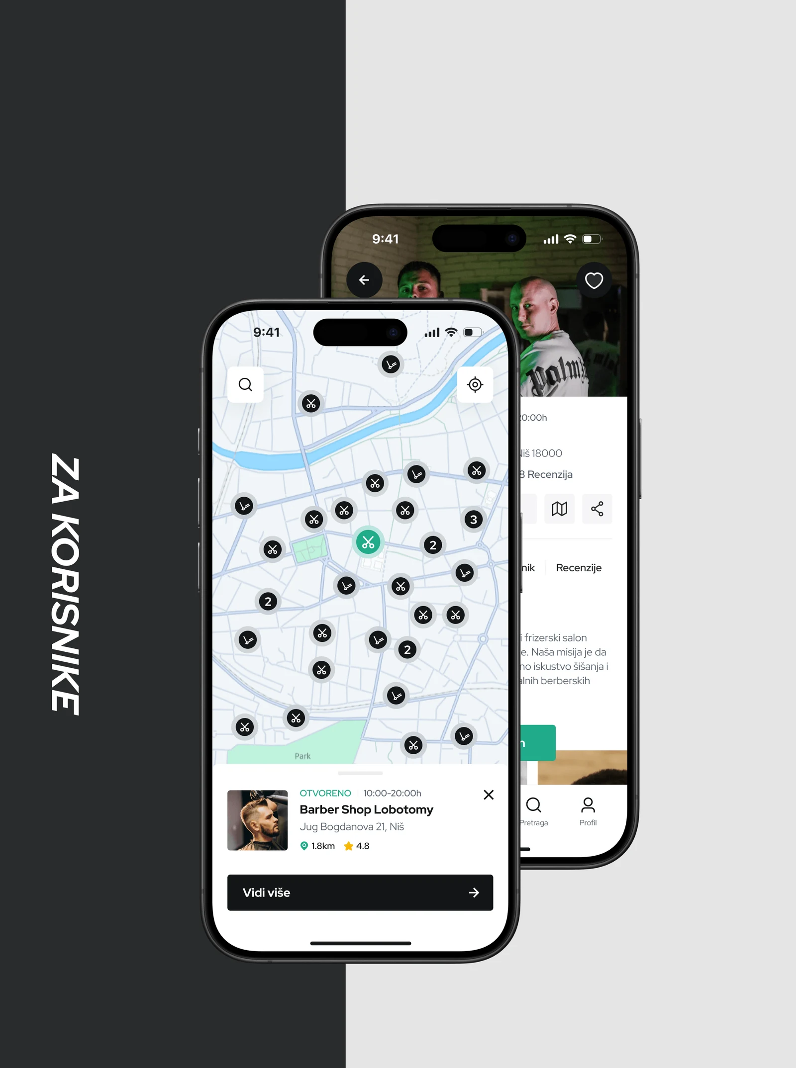 App screens: the salon map and a salon page